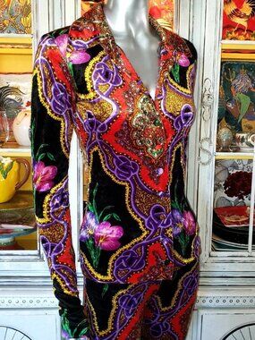 Vintage Betsey Johnson Velvet Dress Shirt Black Floral Leopard Top Blouse Size S